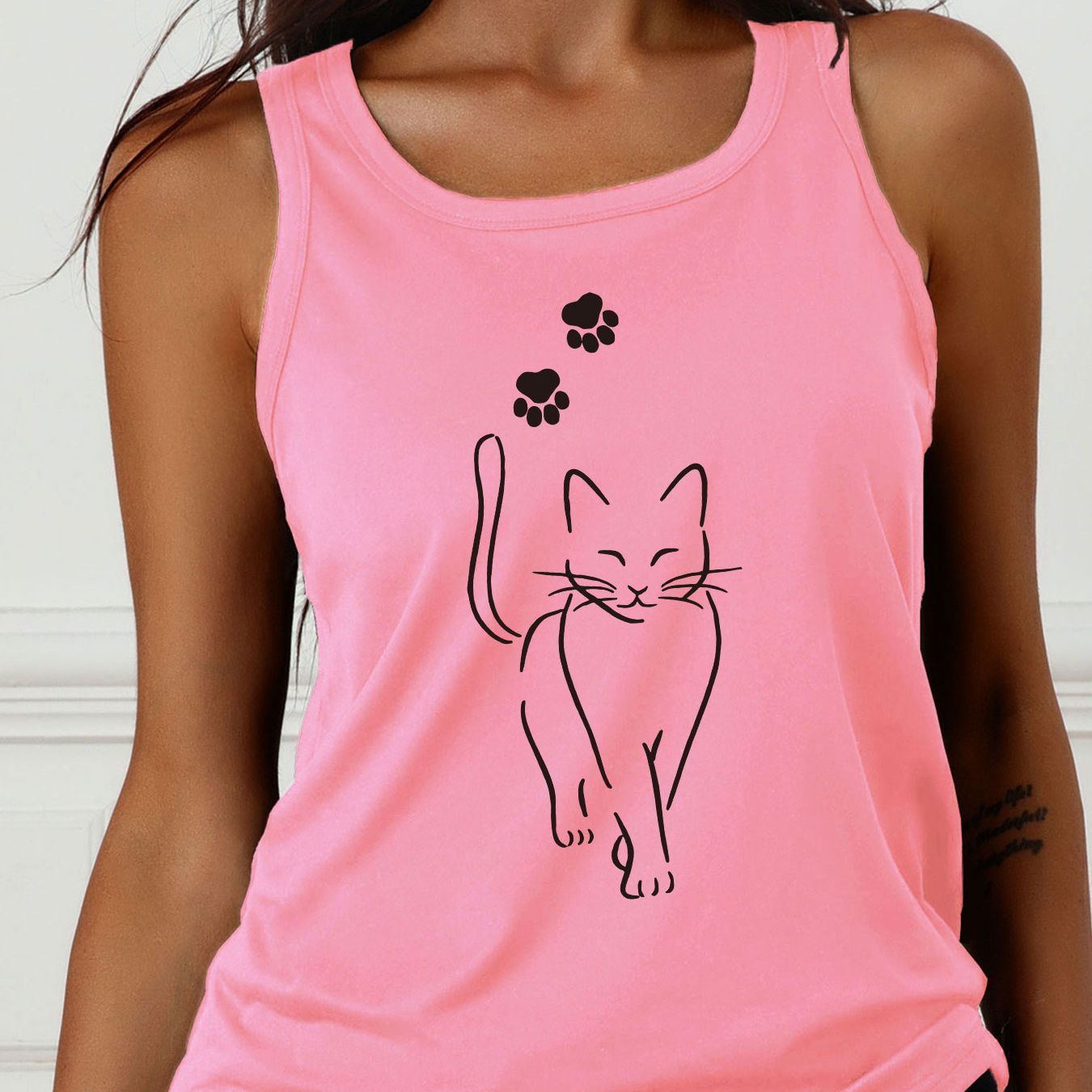 

Cat Print Crew Neck Tank Top, Casual Sleeveless Tank Top For Summer, Women's Clothing