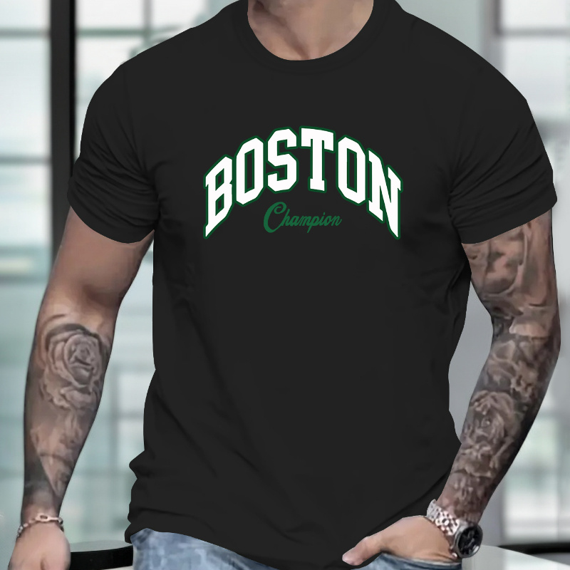 

Men's Casual Crew Neck Graphic T-shirt With Stylish "boston" Print, Versatile Street Style Tee