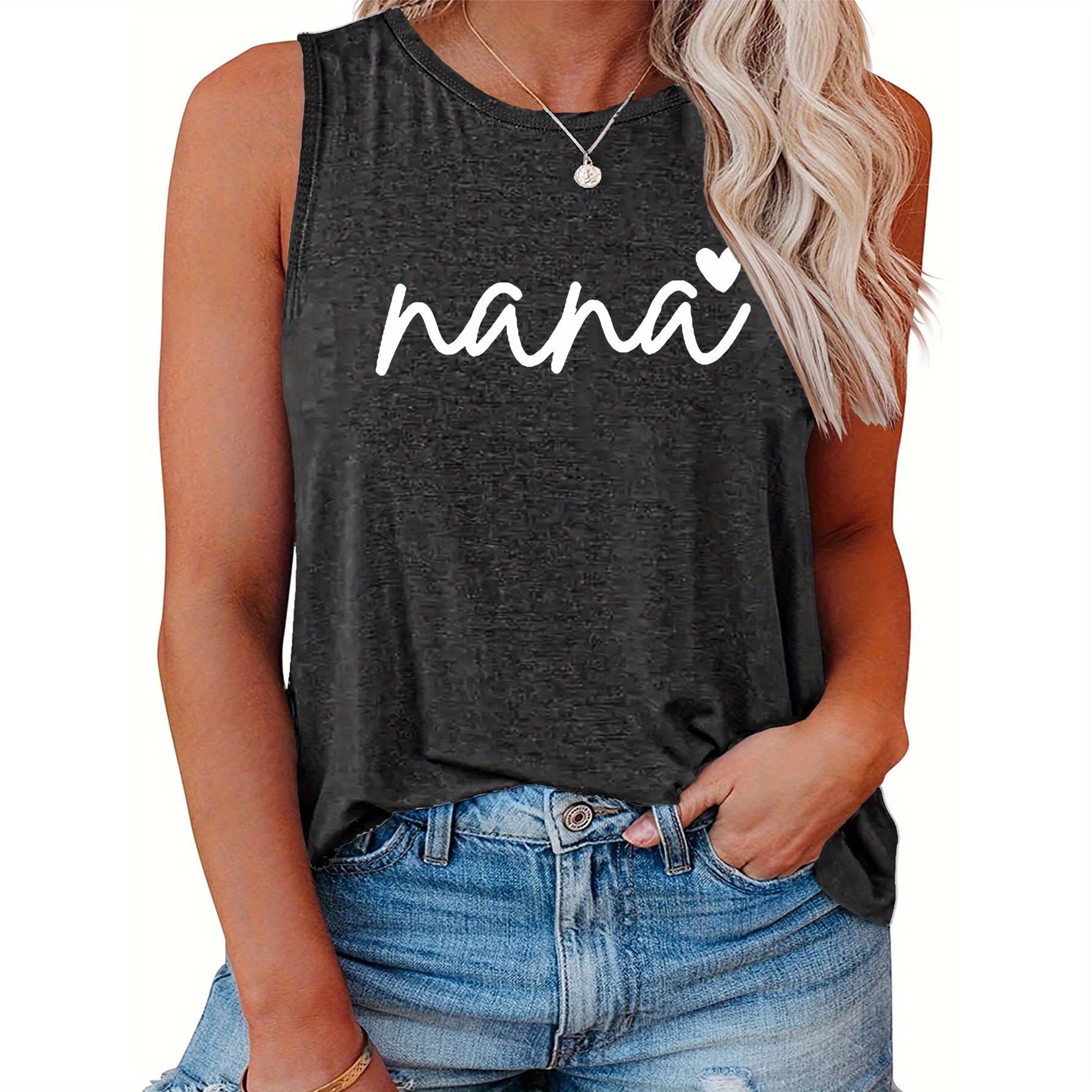 

Plus Size Casual Sporty Heart & Letter Print Tank Top, Sleeveless Casual Top For Summer & Spring, Women's Clothing