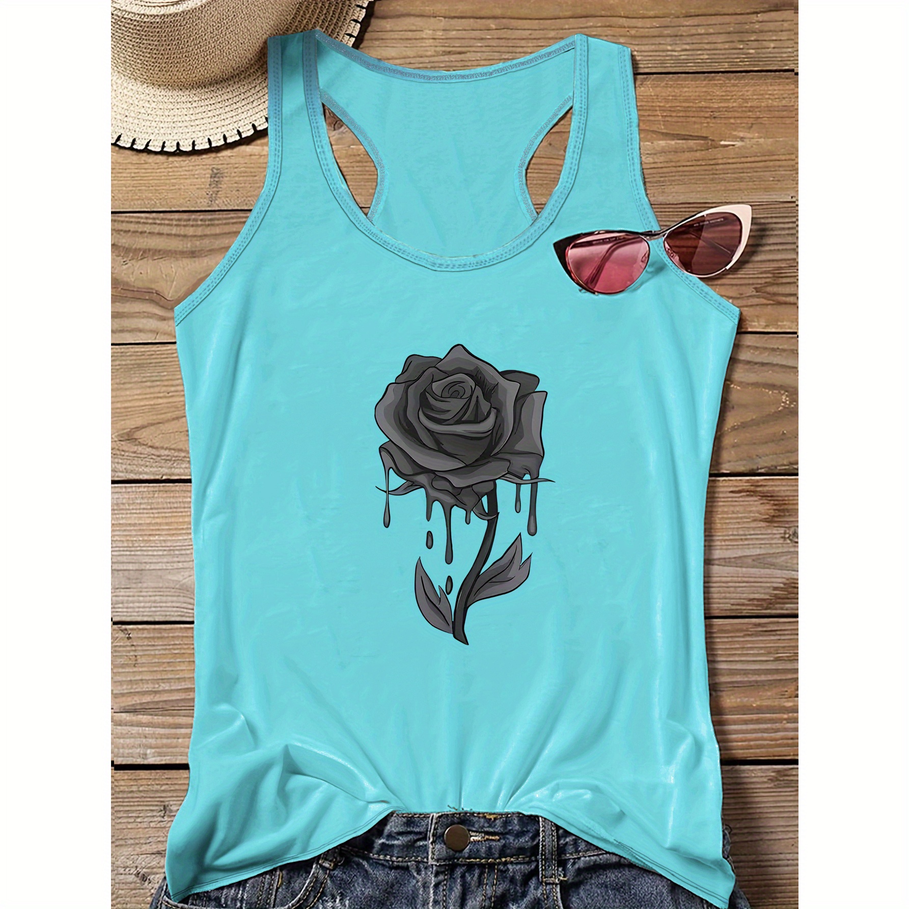 

Plus Size Casual Sporty Gothic Rose Print Tank Top, Sleeveless Casual Top For Summer & Spring, Women's Clothing