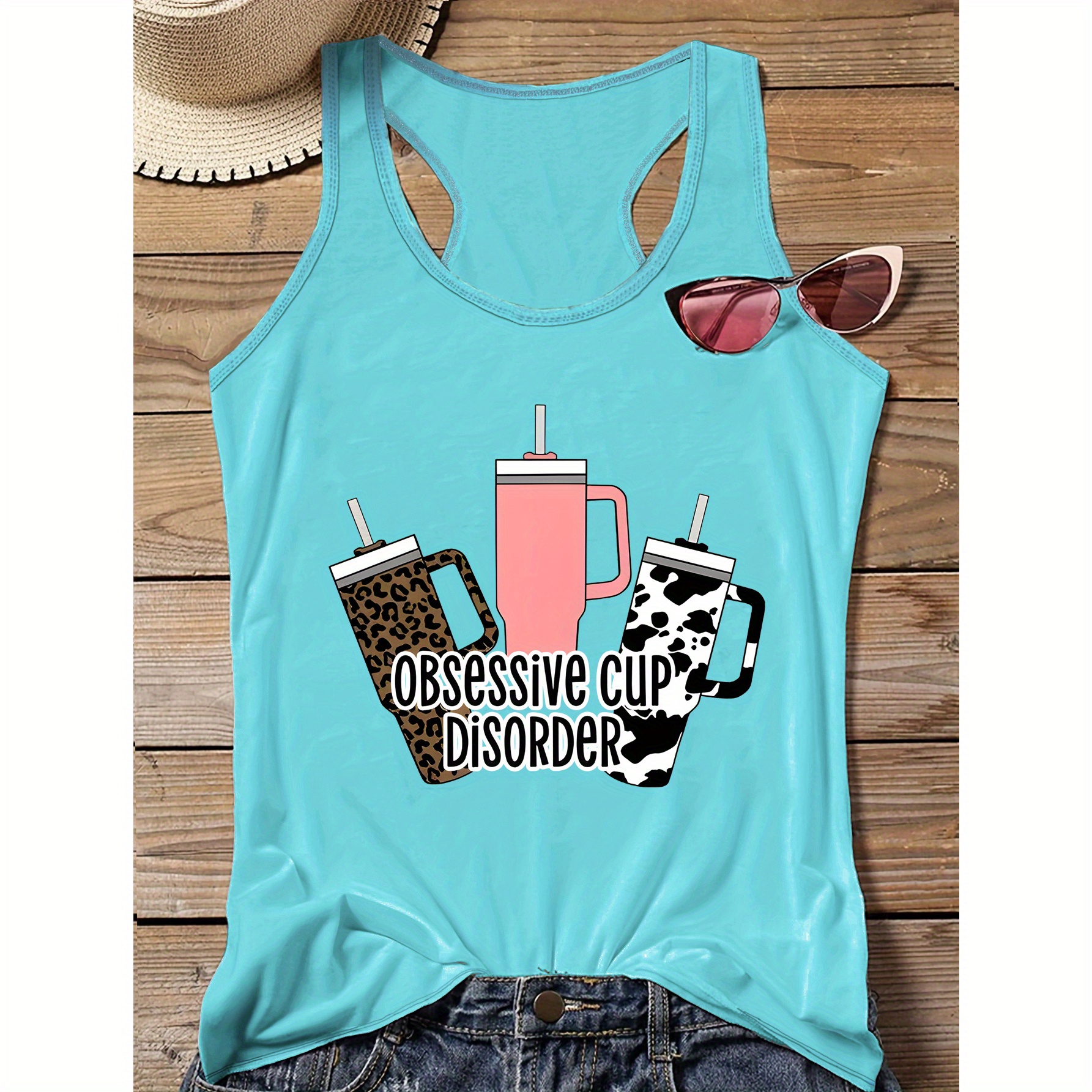 

Plus Size Casual Sporty Cup & Letter Print Racer Back Tank Top, Sleeveless Casual Top For Summer & Spring, Women's Clothing