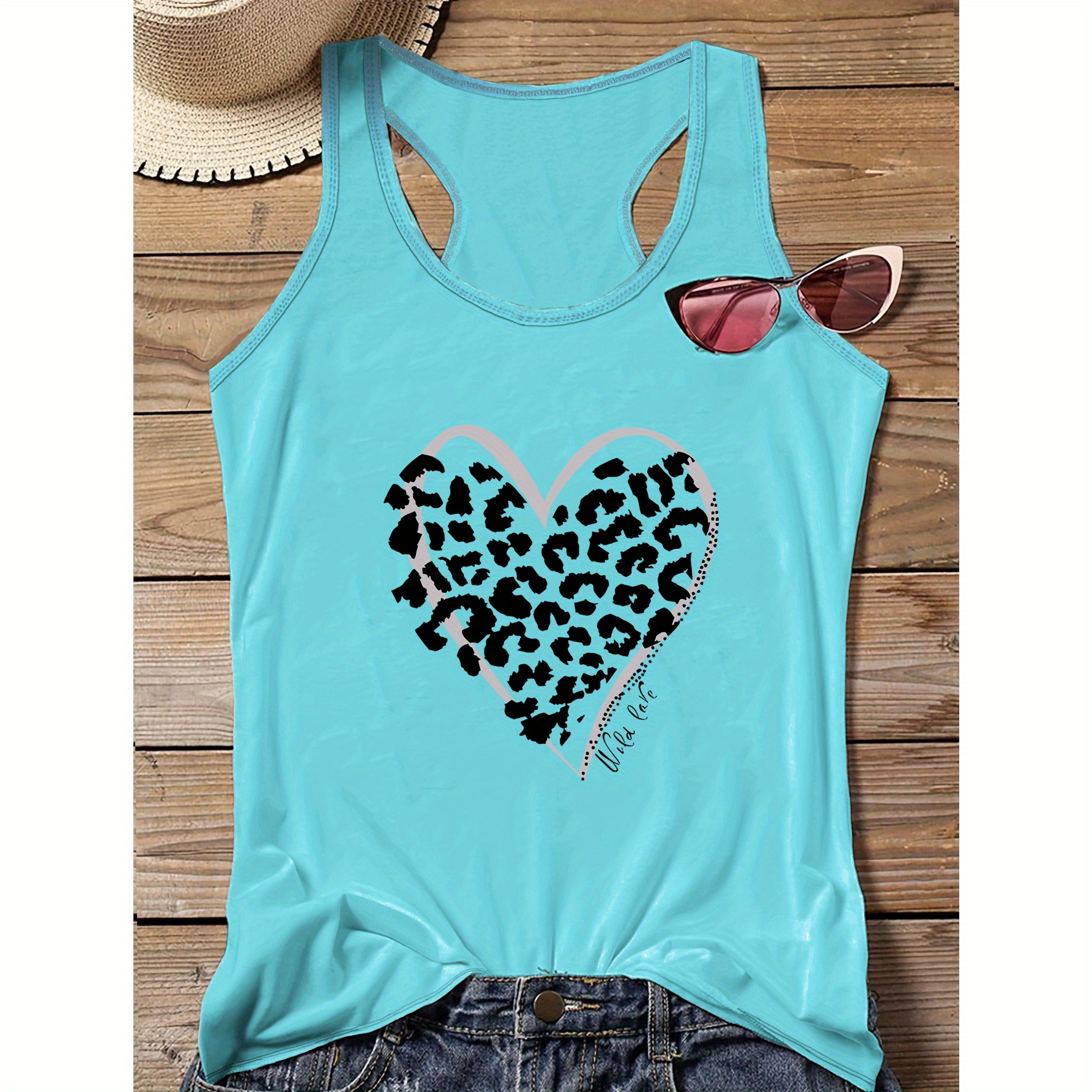 

Plus Size Casual Sporty Leopard Heart Print Tank Top, Sleeveless Casual Top For Summer & Spring, Women's Clothing