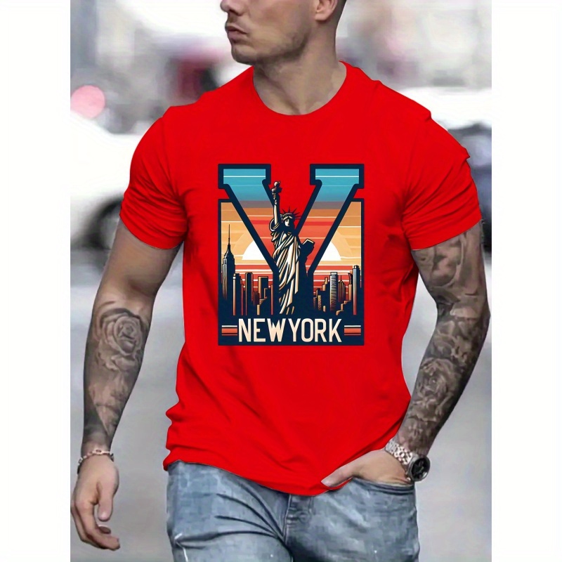 

New York Graphic Men's Short Sleeve T-shirt, Comfy Stretchy Trendy Tees For Summer, Casual Daily Style Fashion Clothing, As Gifts