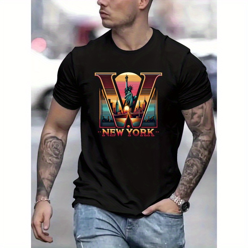 

New York Graphic Men's Short Sleeve T-shirt, Comfy Stretchy Trendy Tees For Summer, Casual Daily Style Fashion Clothing, As Gifts