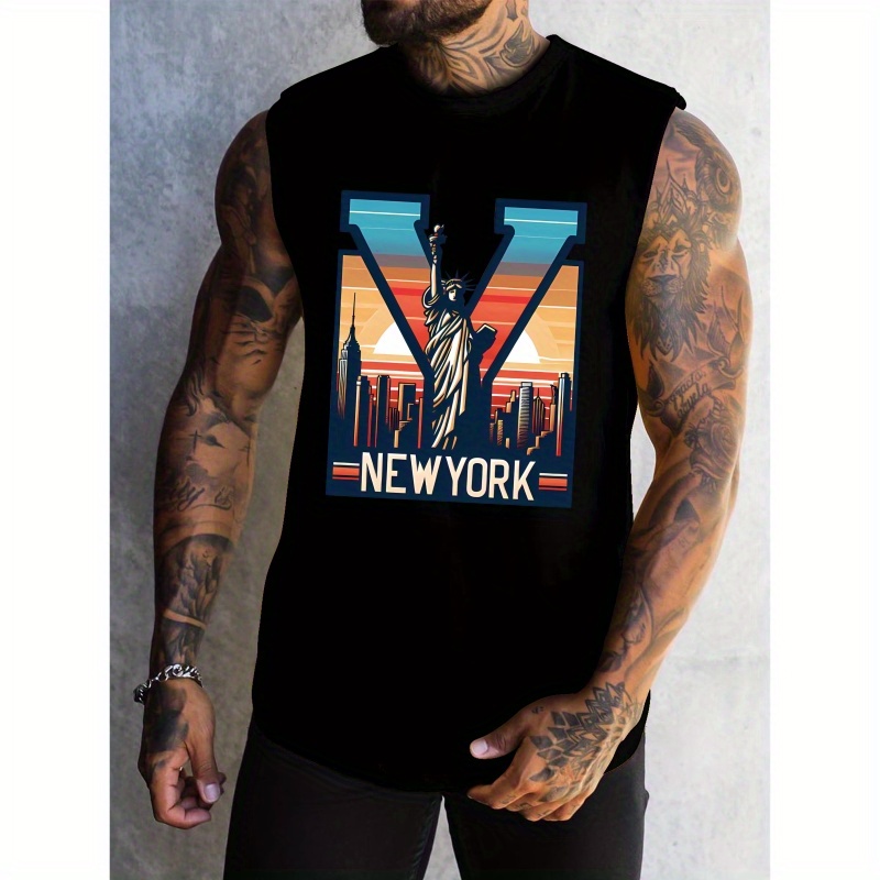 

Men's New Graphic Tank Top - Sleeveless Basketball Vest With Nyc Print, Red Casual Summer Sports Shirt, Polyester-spandex , Lightweight & Breathable For Active Wear, Basketball Jersey