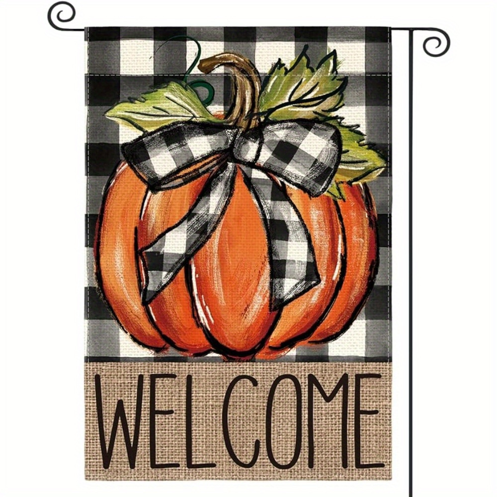 

1pc, Fall Pumpkin Welcome Garden Flag, Double Sided Autumn Thanksgiving Holiday Harvest Buffalo Plaid Yard Outdoor Decoration 12x18 Inch