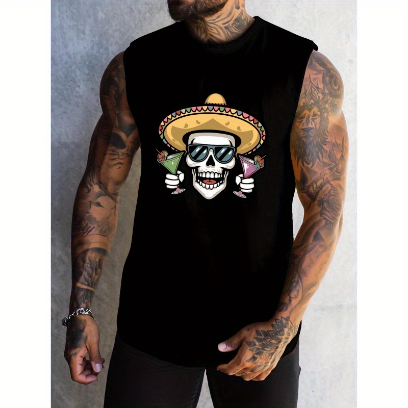 

Skull With Sunglasses Print Men's Summer Quick Dry Moisture-wicking Breathable Tank Tops Athletic Gym Bodybuilding Sports Sleeveless Shirts, For Workout Running Training Men's Clothes