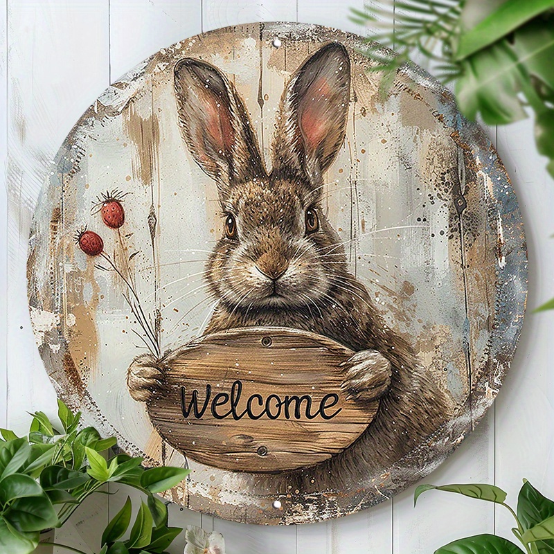 

1pc 8x8inch(20x20cm) Round Aluminum Sign, Metal Sign, Welcome Home Rabbit Wall Art Decor Tin Sign For Home Garden Cafes Office Decorations