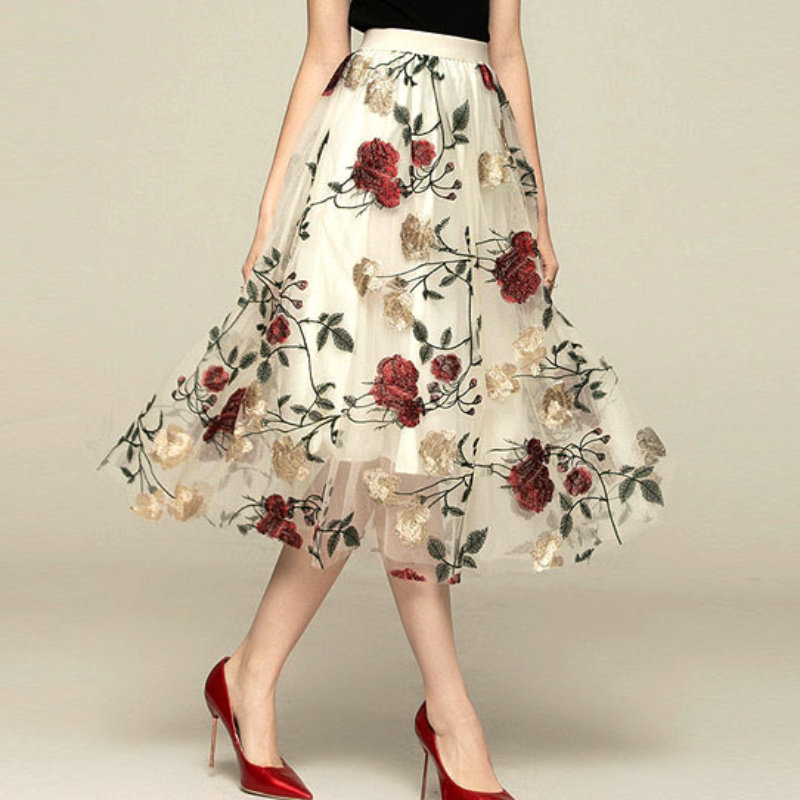 

Elegant Rose Embroidered Mesh Skirt - A-line , , Women', Cute Skirts