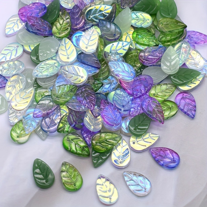 

50pcs Leaf Glass Beads, 11x18mm, Ab Green & Mixed Color, Diy Jewelry Making Accessories For Earrings & Necklaces, Festive Craft Pendants