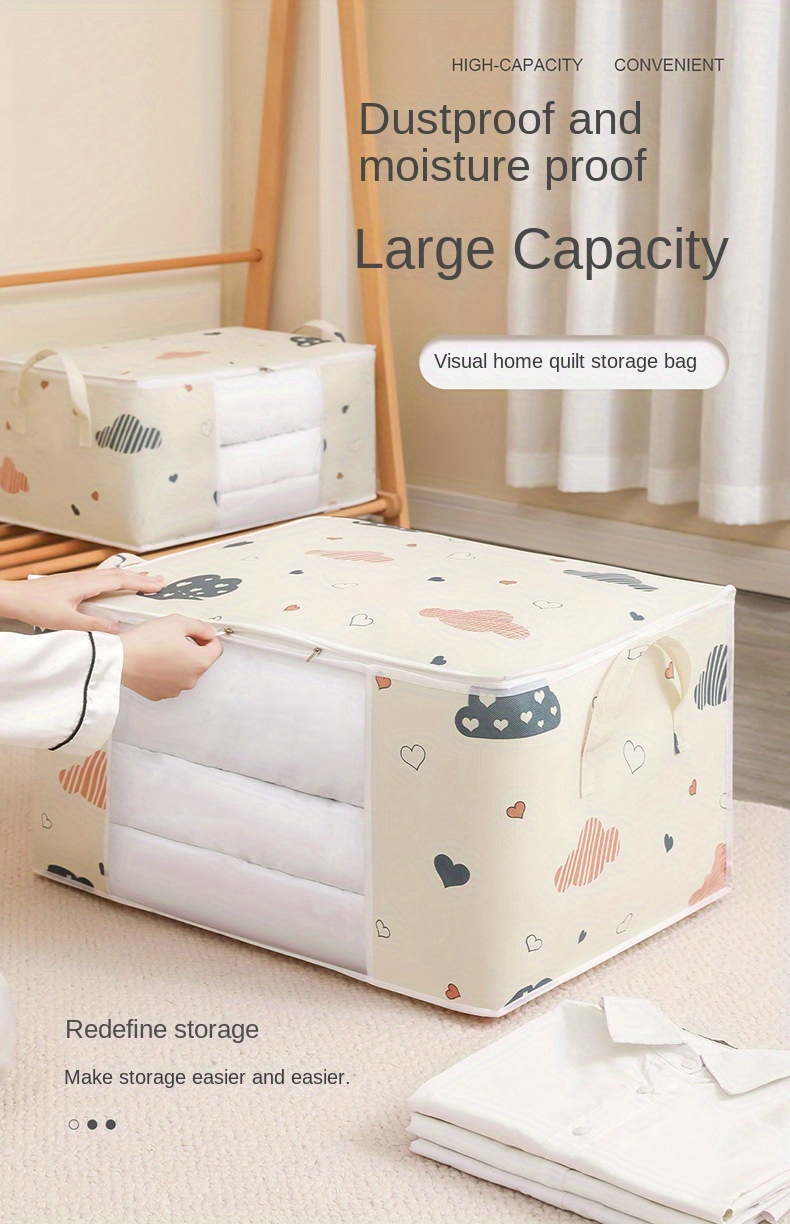 1pc extra large capacity storage bag with clear window   fabric moisture proof foldable clothes quilt organizer with reinforced handle home wardrobe dust proof with zipper details 0