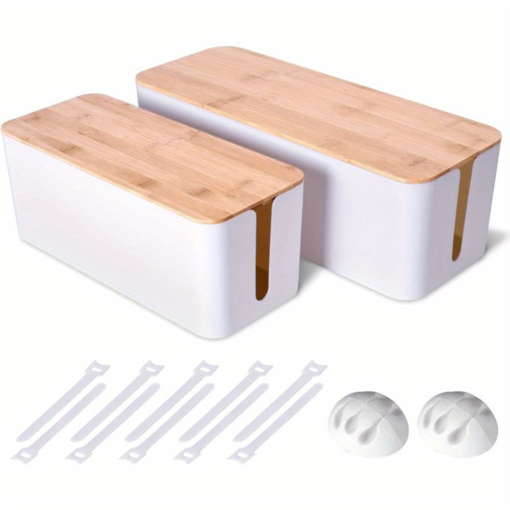Image of Set Of 2 Large Wooden Organizers For Managing Cords From Tvs, Computers, Routers, Usb Hubs, And Desktop Power Strips, Featuring A Lock For Safety Around Children And Pets