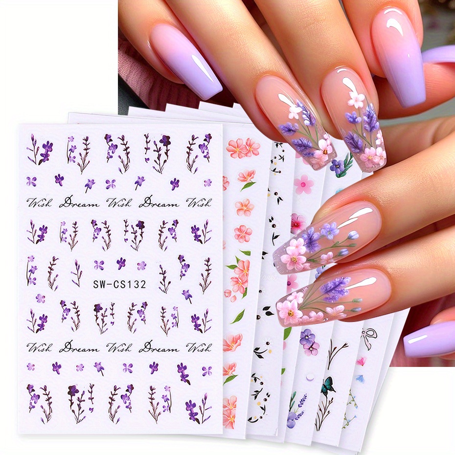 

8 Sheets Summer Flower Design Nail Art Sticker Blooming Floral Daisy Butterfly Simple Design Nail Art Decals