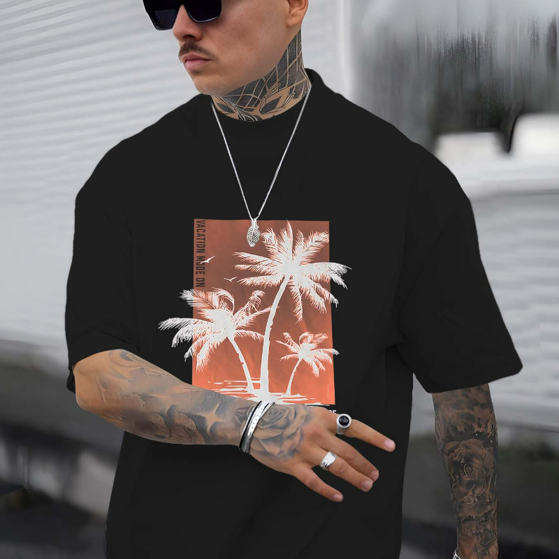 

Men's Casual Crew Neck Graphic T-shirt With Stylish Palm Tree Print, Trendy Printed Short Sleeve Top For Summer Daily Wear