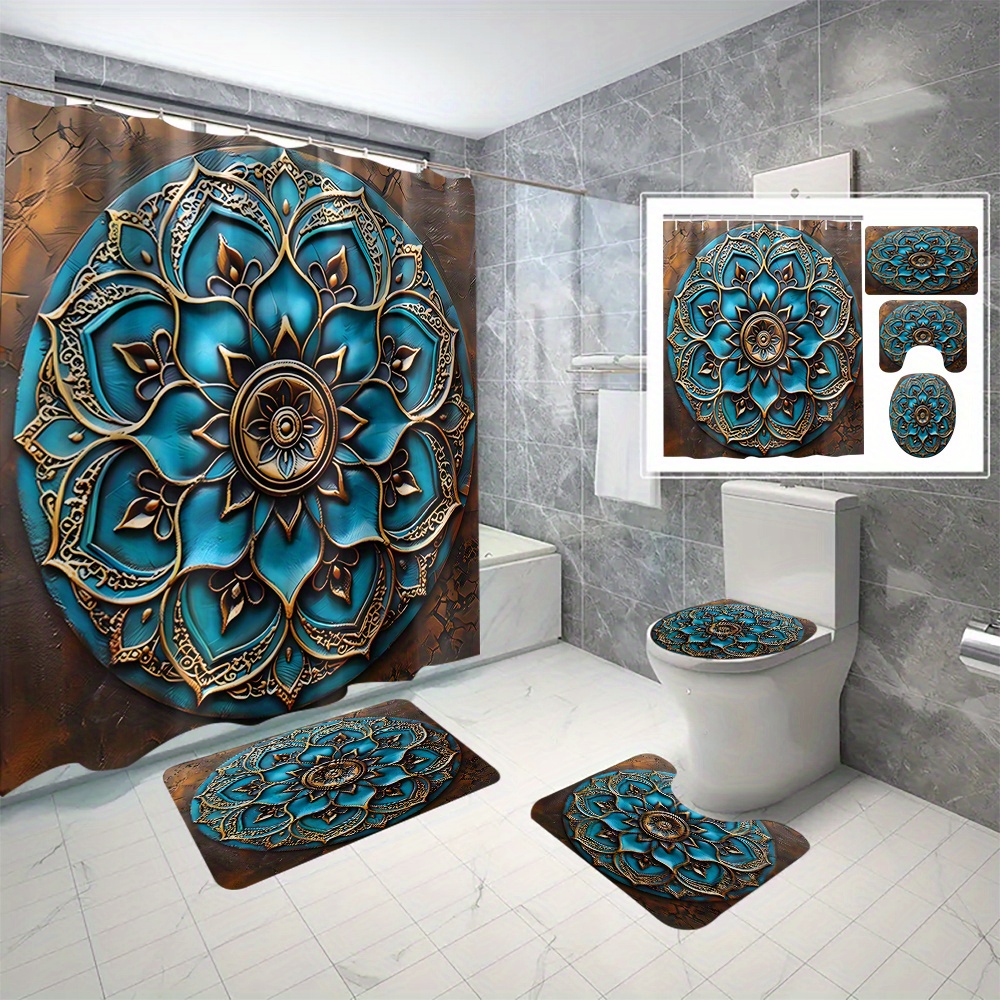 

4pcs Retro Mandala Pattern Shower Curtain Set, Waterproof Shower Curtain With Non-slip Rug, Toilet Lid Cover, And Bath Mat, Easy Install With C-type Hooks, Bathroom Accessories