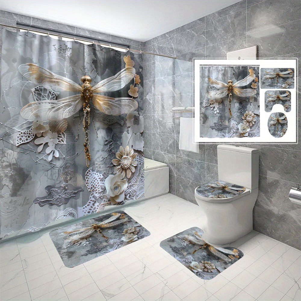 

4pcs Floral Dragonfly Pattern Shower Curtain Set, Waterproof Partition Curtain With C-type Hooks, Non-slip Rug, Toilet Lid Cover, And U-shape Mat, Bathroom Decor Accessories