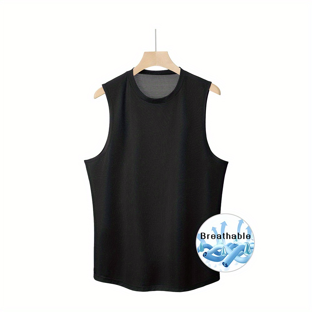 

Men's Solid Tank Top, Active Breathable Crew Neck Sleeveless Top, Men's Clothing For Summer Outdoor