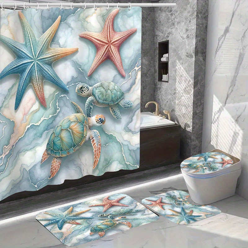 

1/4pcs Turtle Starfish Pattern Shower Curtain Set, Waterproof Bath Curtain With Hooks, U-shaped Mat, Toilet Cover Mat, L-shaped Mat, Bathroom Accessories, Bathroom Decorations