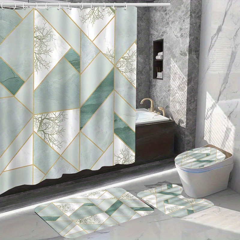 

1/4pcs Green Geo Pattern Shower Curtain Set, Waterproof Bath Curtain With Hooks, U-shaped Mat, Toilet Cover Mat, L-shaped Mat, Bathroom Accessories, Bathroom Decorations