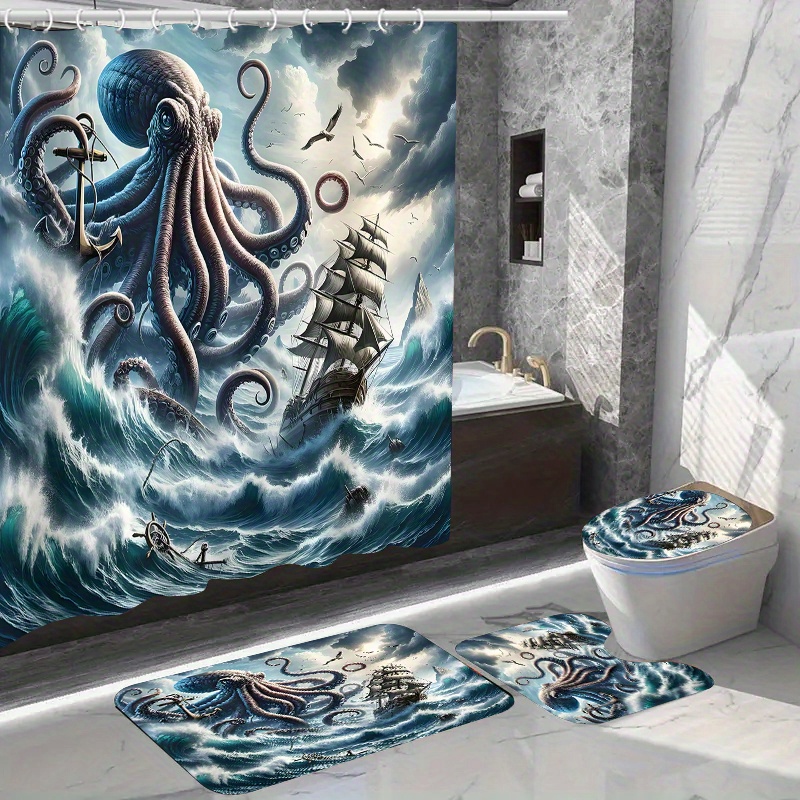 

1/4pcs Octopus Ship Pattern Set, Waterproof Bath With Hooks, U-shaped Mat, Toilet Cover Mat, L-shaped Mat, Bathroom Accessories, Bathroom Decorations