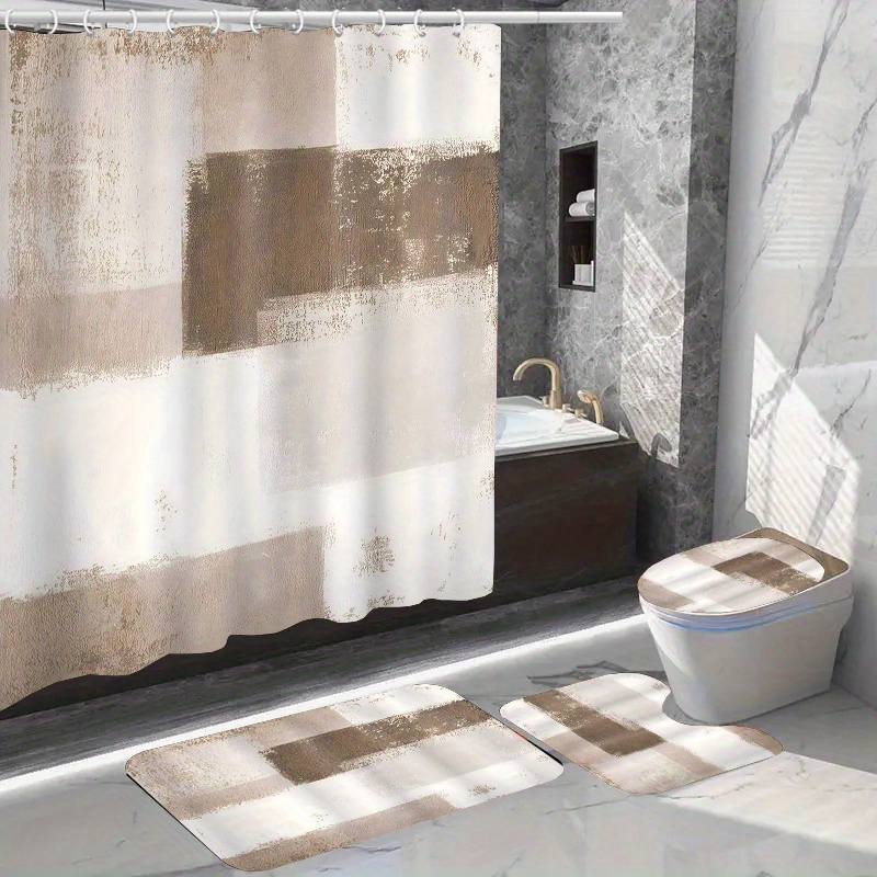 

1/4pcs Colorblock Pattern Shower Curtain Set, Waterproof Bath Curtain With Hooks, U-shaped Mat, Toilet Cover Mat, L-shaped Mat, Bathroom Accessories, Bathroom Decorations