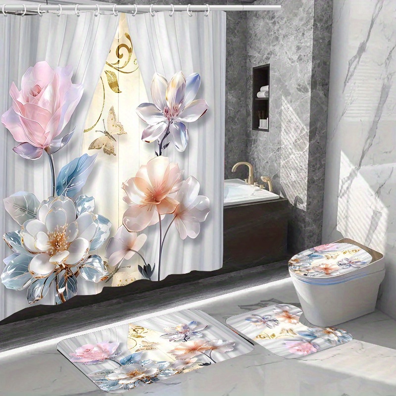 

1/4pcs Floral Pattern Shower Curtain Set, Waterproof Bath Curtain With Hooks, U-shaped Mat, Toilet Cover Mat, L-shaped Mat, Bathroom Accessories, Bathroom Decorations
