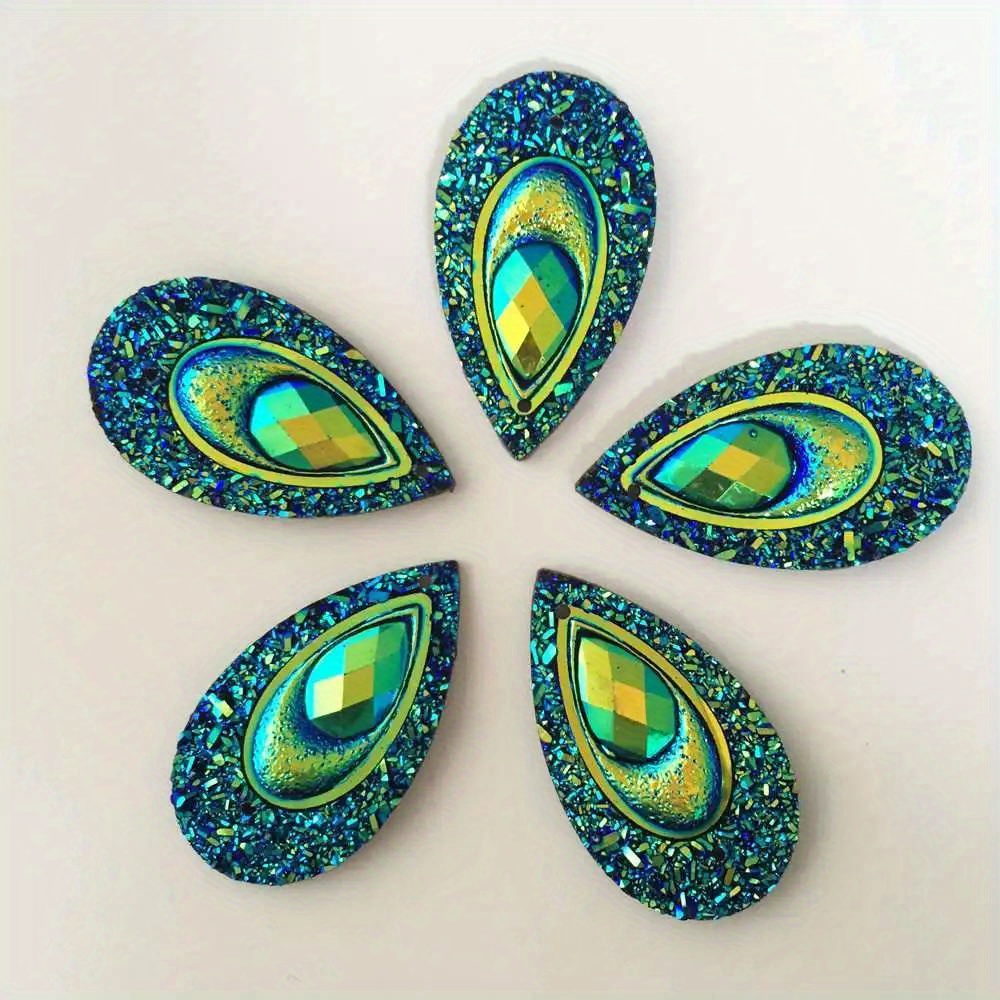 10pcs Sparkling Peacock Eye Resin Rhinestones, 16x28mm Flat Back With Dual Holes For Diy Wedding & Scrapbooking Crafts