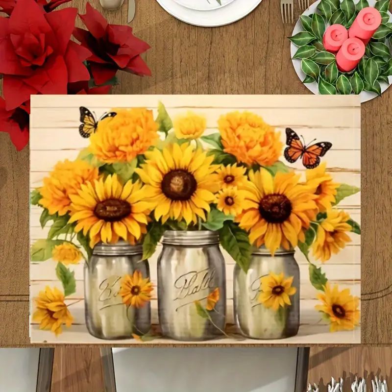 

1/4/6pcs Placemats, Summer Style Sunflower Bee Vase Pattern Table Pads, Decorative Rustic Table Mat, Perfect For Kitchen, Restaurant, Dining, Wedding, Party Supplies, Room Decor, Home Supplies