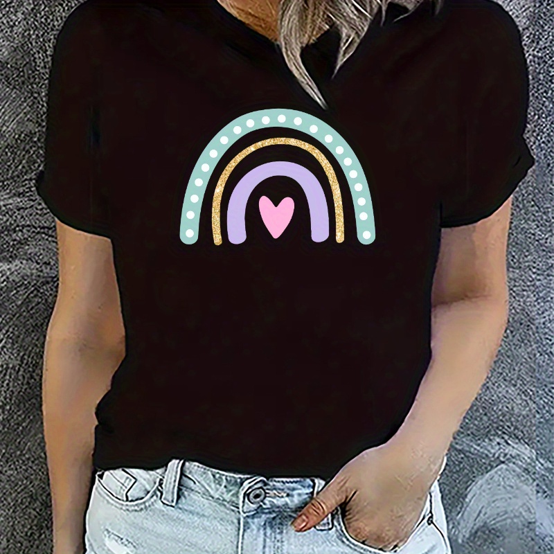 

Women's Casual Style T-shirt With Rainbow Graphic, Round Neck Short Sleeve Top, Sporty And Simple Design