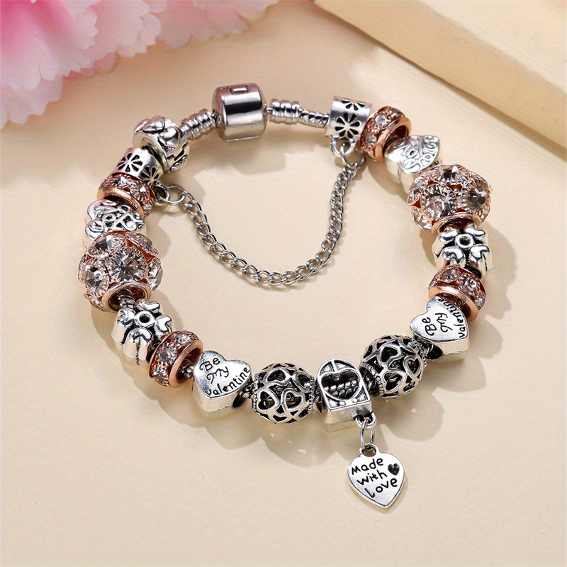 

1pc Silvery Rose Golden Color Love Heart Bracelet I Love You Diy Pendant Bangles Gift For Valentine's Jewelry