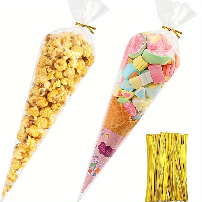 

100pcs, Popcorn Bags, Party Bulk Popcorn Bags 7 X 15 Inches Cone Transparent Cellophane Processing Bags, With Twist Strap, Small Cone Triangle Plastic Bags, For Gifts, Gifts, Candy