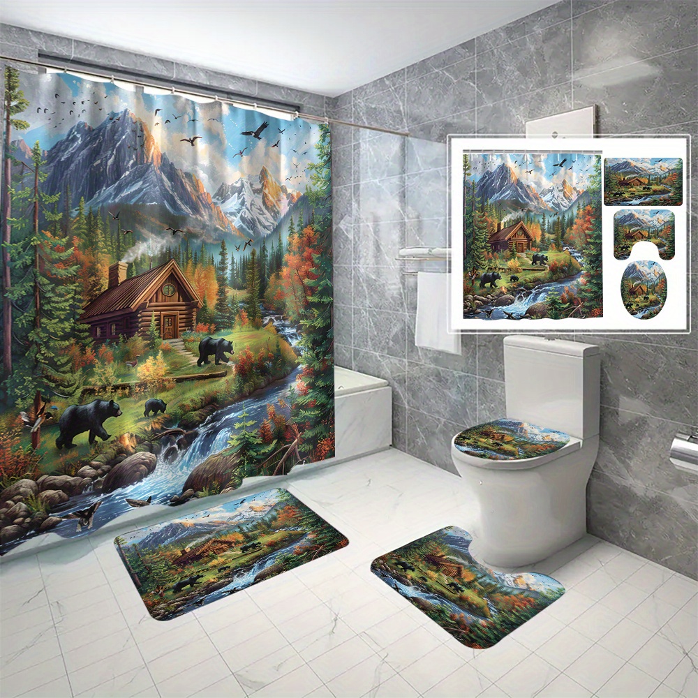 

4pcs/set Rustic Waterproof Bathroom Curtain Set - Polyester Cartoon Cabin And Bear Theme With Hooks, Machine Washable