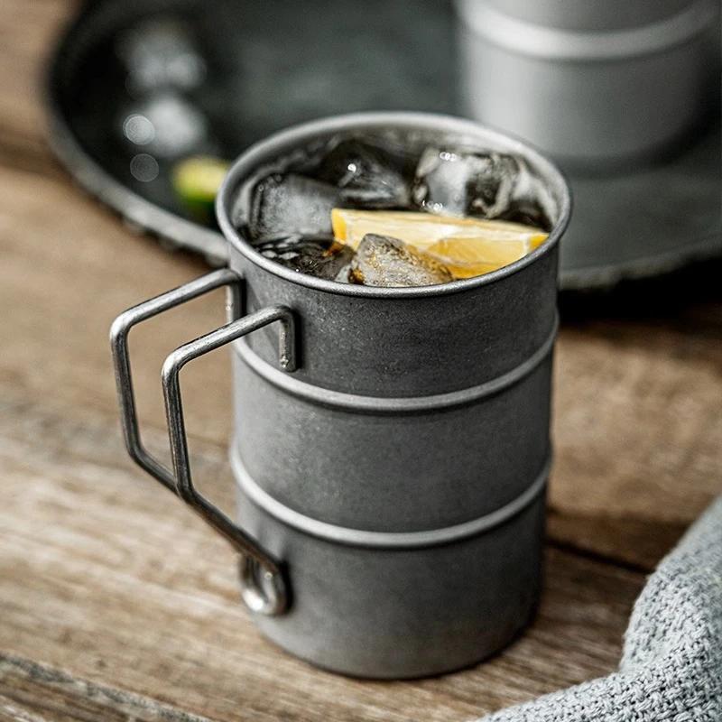 1pc Stainless Steel Outdoor Camping Cup, Portable Foldable Handle Retro Beer Cups, Coffee Water Mugs, Picnic Travel Drinkware