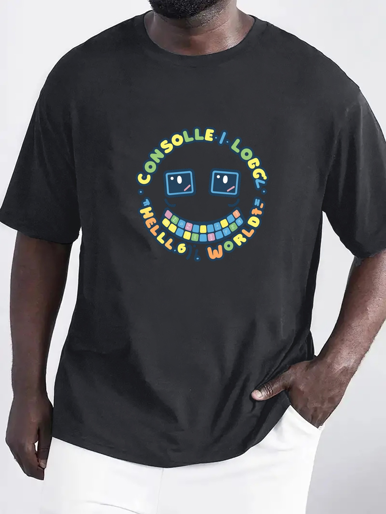 Lustiges Smiley T-Shirt Herren - Kurzarm Baumwolle Rundhals Weiß