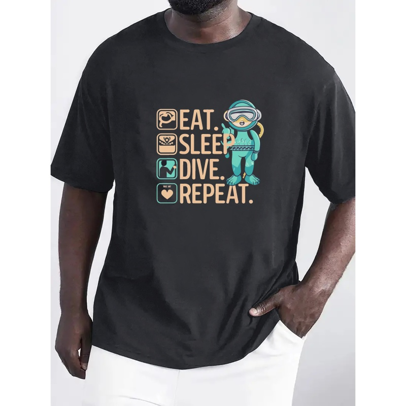 

Eat Sleep Dive Repeat Print, Men's Round Crew Neck Short Sleeve, Simple Style Tee Fashion Regular Fit T-shirt, Casual Comfy Top For Spring Summer Holiday Leisure Vacation Men's Clothing As Gift