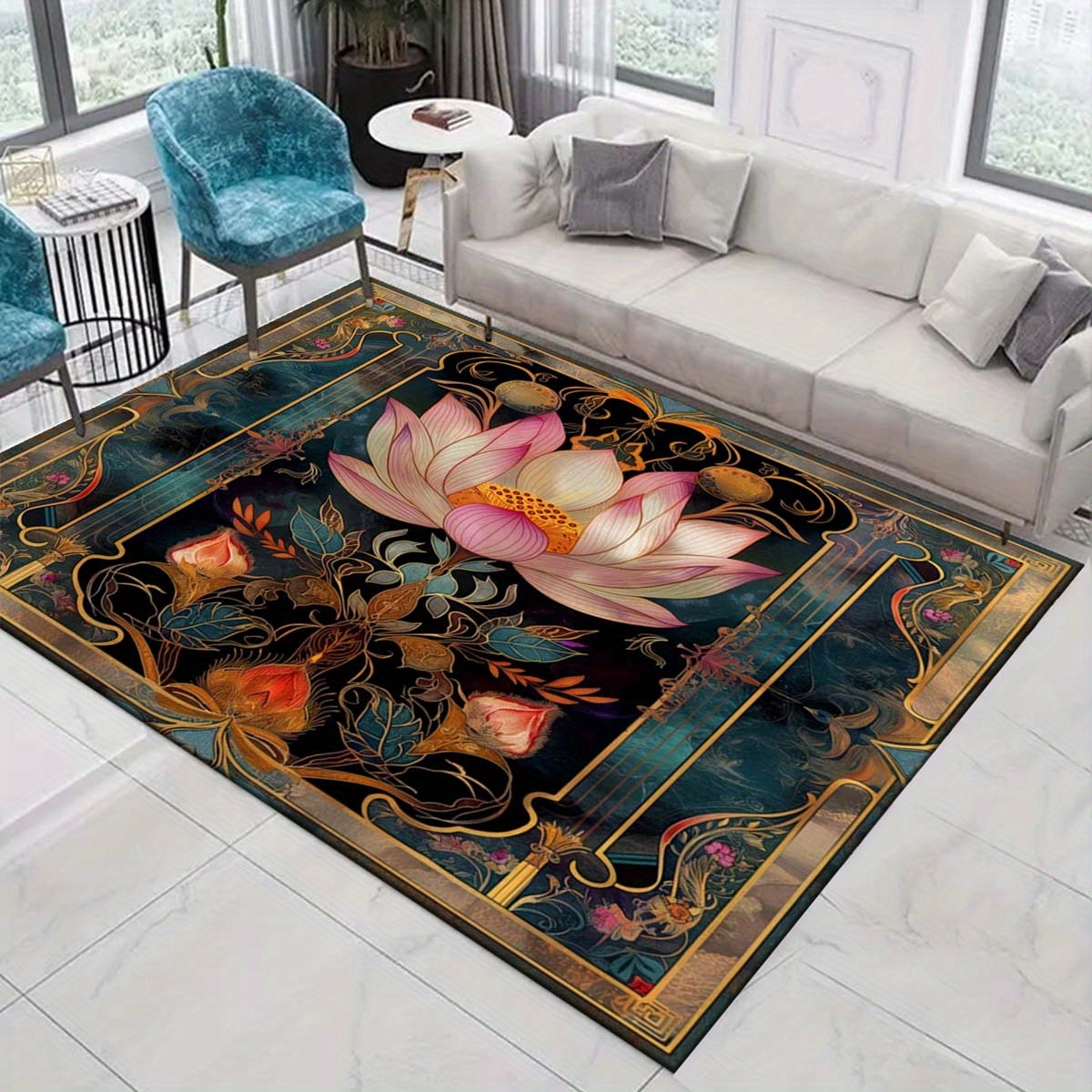 

For Lotus Pattern Decorative Carpet For Living Room, Hallway, Outdoor, Hotel Patio & Factory - Polyester Large Area Floor Mat, 2.16m² Minimum, 1.8m Longest Side - 1pc