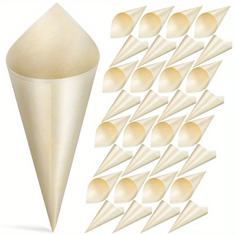 Image of 100pcs Elegant Wooden Tasting Cones - Perfect For Ice Cream, Desserts & Snacks | Ideal For Parties, Buffets & Events