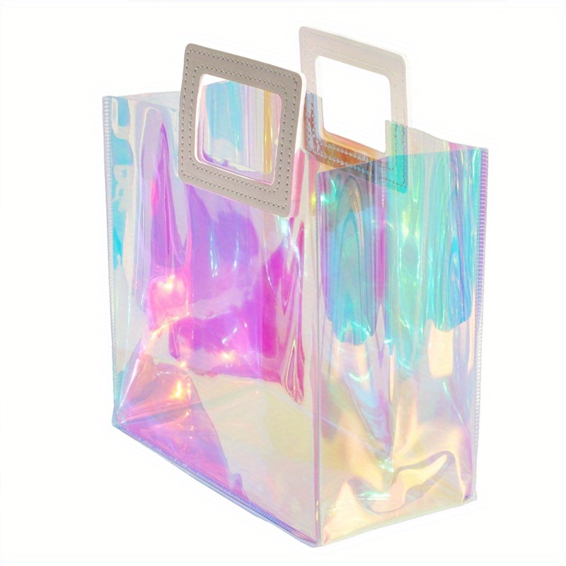 

1pc Holographic Iridescent Tote Bag, 4x8x8.3inch Pvc Transparent Laser Gift Bag With Handle, Reusable For Christmas Wedding Birthday Presents, Girls Shiny Rainbow Party Favor Bag