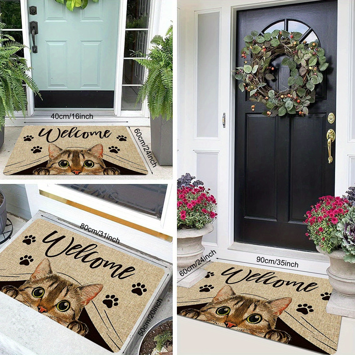 1pc entrance area floor mat welcome home text cat elements printed pattern rug polyester non slip stain resistant soft floor mat for indoor outdoor entrance floor doormat quick dry kitchen mat details 1