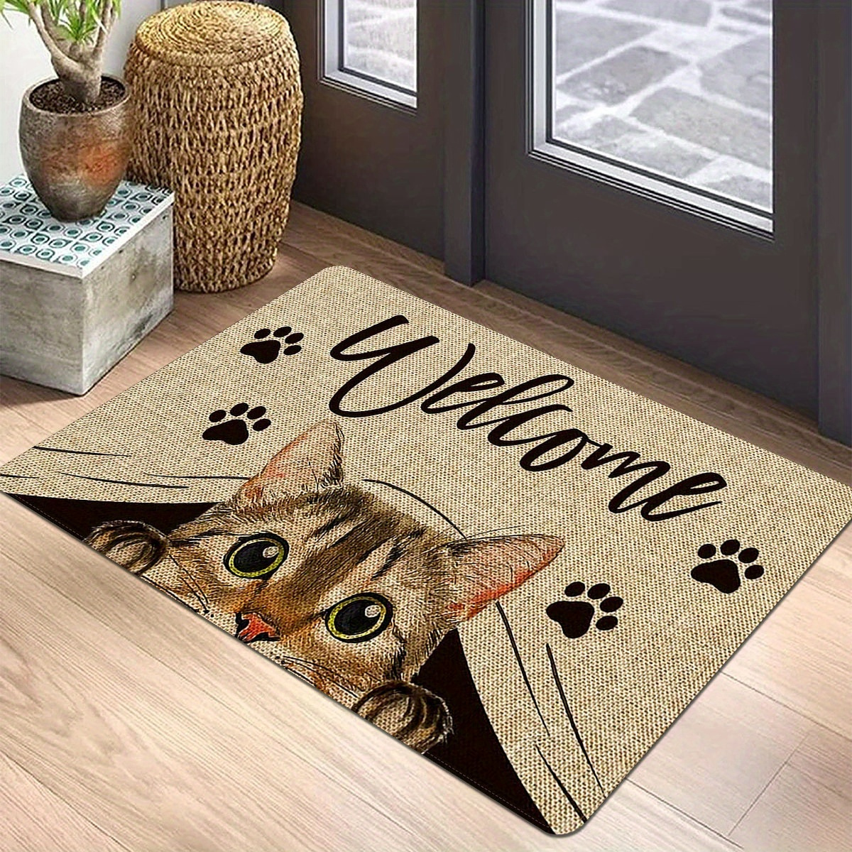 1pc entrance area floor mat welcome home text cat elements printed pattern rug polyester non slip stain resistant soft floor mat for indoor outdoor entrance floor doormat quick dry kitchen mat details 2