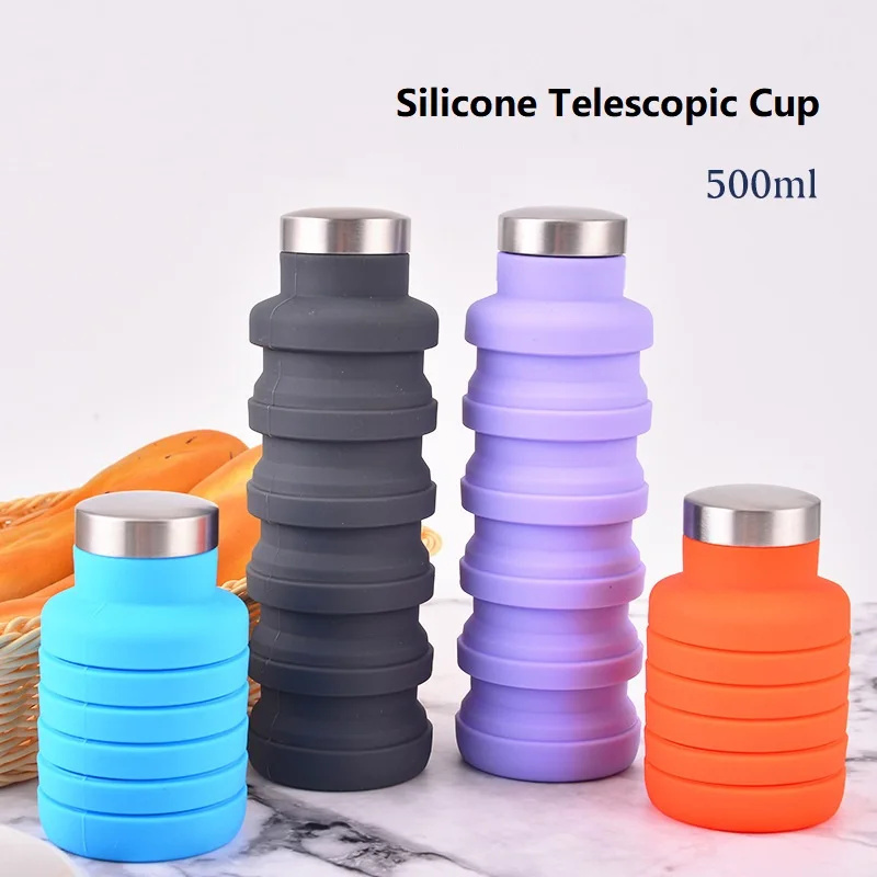 

1pc Collapsible Silicone Water Bottle With Carabiner, Portable Telescopic Cup With Stainless Steel Rim, For Sports, Outdoor, Travel, Camping