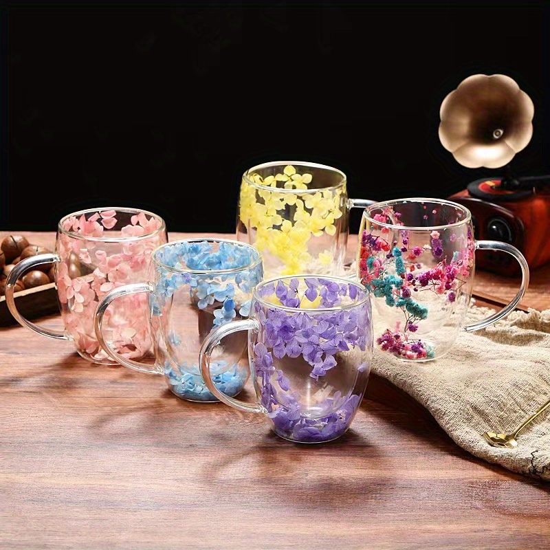 1pc floral glass coffee mugs creative double walled high borosilicate glass cups with flower petals design   cups for hot and cold drinks unique glassware collection details 8