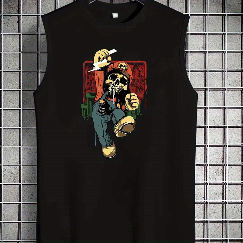 

Men's Trendy Crew Neck Graphic Tank Top With Fancy Print, Street Style For Summer Wear