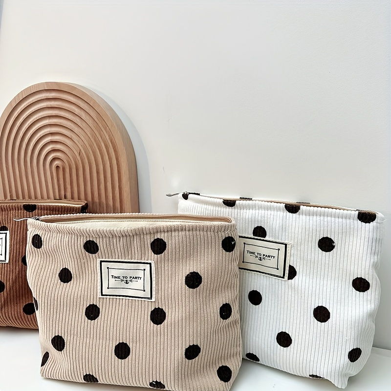 

Vintage-style Corduroy Makeup Bag With Zipper Closure, Polka Dot Pattern, Reusable And Portable Toiletry Bag For Travel