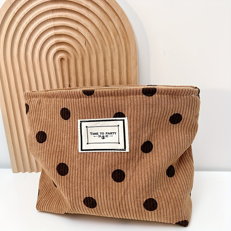TEMU Corduroy Polka Dot Pattern Makeup Bag Vintage Zipper Storage Bag Multi-functional Toiletry Bag Portable For Travel