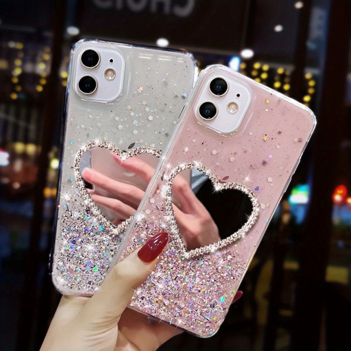 

Glitter Love Heart Mirror Silicone Case Compatible With 11 12 13 14 Pro Max - Full Protection Anti-slip Shockproof Cover
