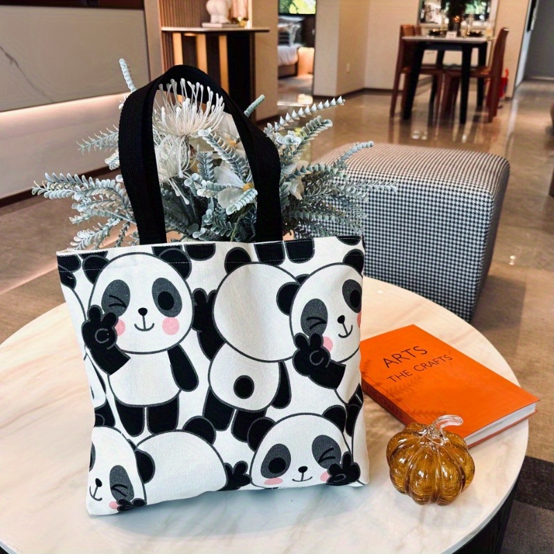 

Panda Print Canvas Tote Bag For Women, Large Capacity Shoulder Bag With Zipper, Durable Canvas Versatile Shopping Bag
