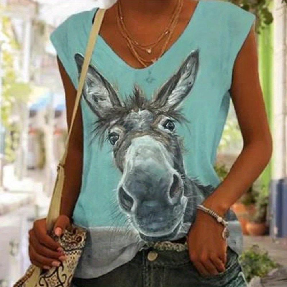 

Donkey Print V Neck Tank Top, Casual Sleeveless Top For Spring & Summer, Women's Clothing