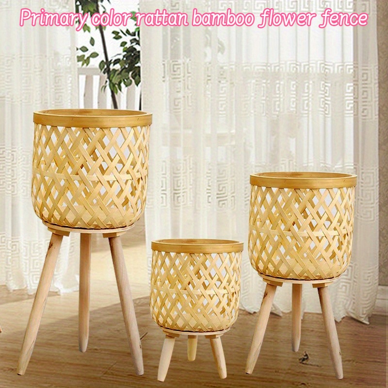 

1 Pack, Bamboo Woven Plant Stands, Traditional Wooden Floor-standing Planter Holders For Living Room Balcony, Rustic Indoor Flower Pot Shelves