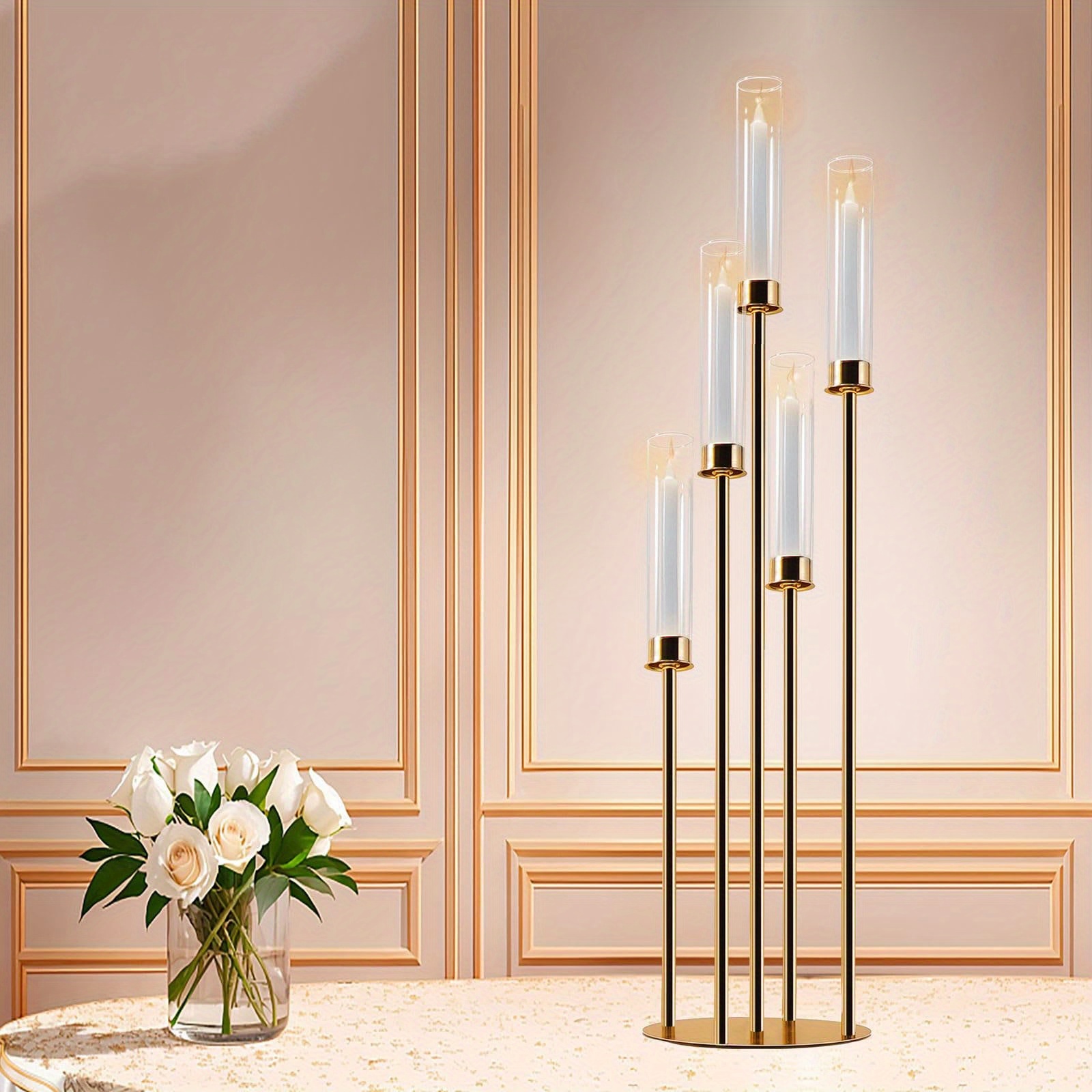 

1pc, Golden Candelabra 5 Arms Metal Candle Holder, Wedding Event Party, Home Decoration Centerpiece, Table Candle Holder Arrangement Candle Holder Wedding Flower